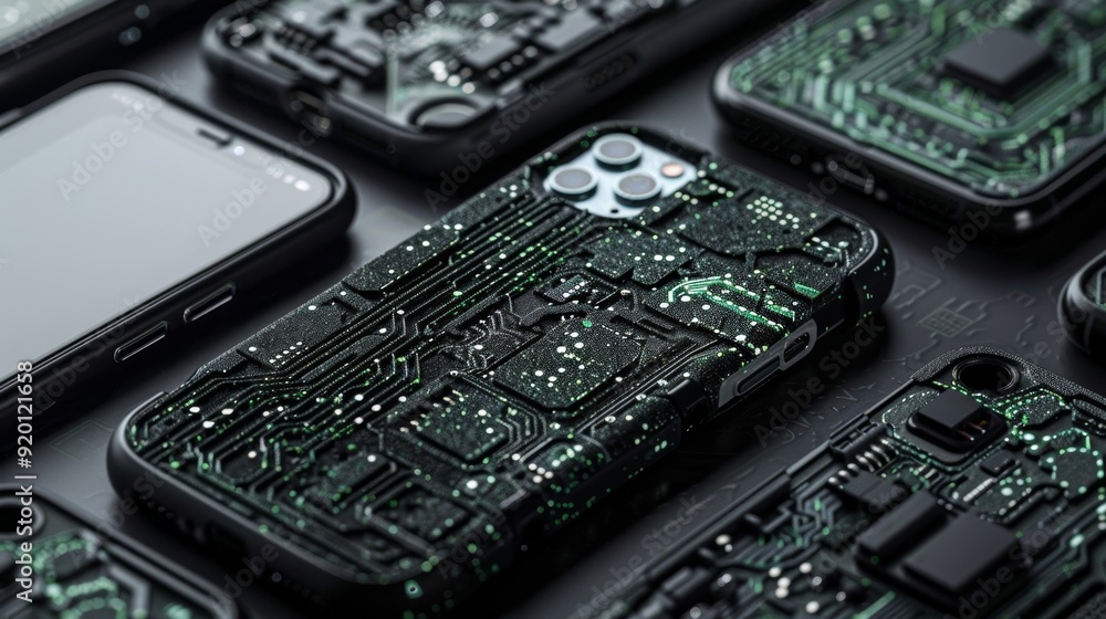 Poster a phone case with a raised pixelated design that mimics the appearance of circuitry and wires.