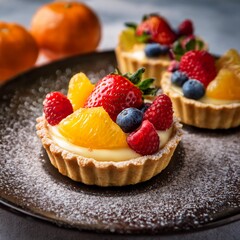 A petite French tartlet boasts a golden, flaky crust with silky vanilla cream and vibrant fruits like berries and mandarin slices, all glazed to perfection and finished with a dusting of sugar.