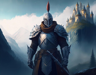 Naklejka premium A fantasy huge middle earth knight stands in front of a fairytale castle on a hill among the misty mountains