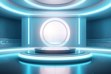 Obraz premium Futuristic platform with glowing blue lights and a window with a city view.