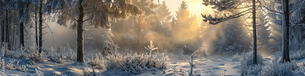 Sticker Sunlight streaming through a frost-laden spruce forest