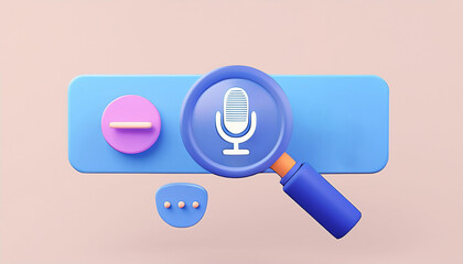 Stylish microphone icon with a magnifying glass, symbolizing audio search and sound exploration on a pastel background.