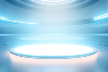 Futuristic blue room with circular platform and glowing lights.