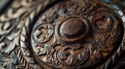 A closeup of a vintage button made of carved wood showcasing the natural grain and intricate patterns created by the carving process.