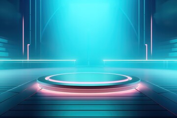 Futuristic glowing platform in blue and pink neon light.