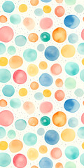 Vertical watercolor seamless pattern with circles, blobs and dots. Abstract geometric pattern. Colorful hand painted watercolor circles on white background. For wallpaper,  wrapping paper, postcard