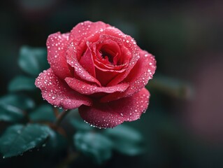Close-Up of a Dew-Kissed Red Rose Blooming in a Garden with Dark Green Foliage in the Background