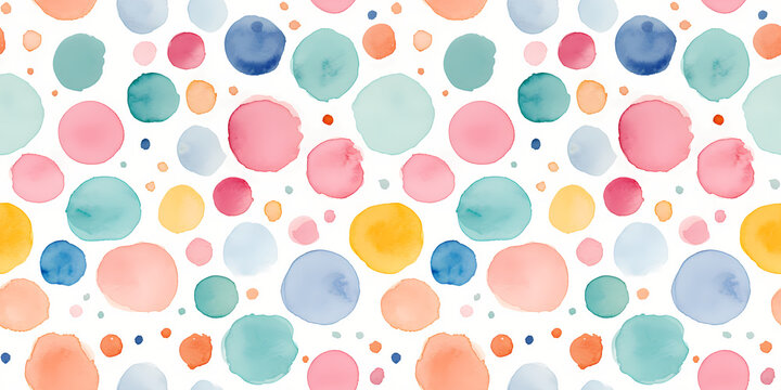 Horizontal watercolor seamless pattern with bubles and circles. Abstract geometric pattern. Colorful hand painted watercolor circles on white background. For wallpaper, wrapping paper, postcard