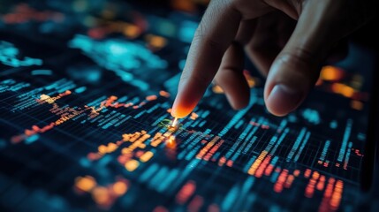 Naklejka premium Close-up of a hand pointing at a candlestick chart displayed on a digital screen, showcasing a global stock market growth graph and a world map in the background