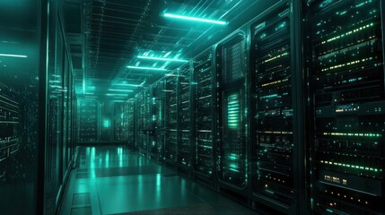 Obraz premium Futuristic Server Room with Green Neon Lights