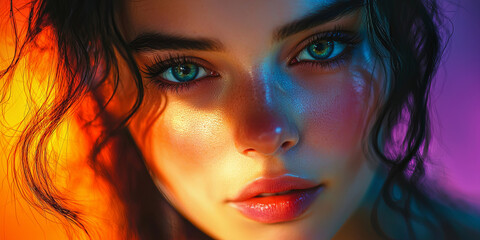 Close up portrait of a beautiful woman, long exposure, bright colors, generative AI