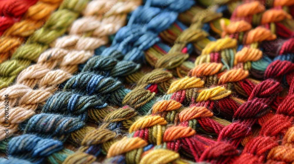 Poster closeup of a handwoven placemat highlighting the intricate patterns created by blending different ty
