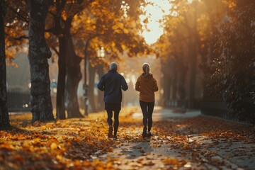 Obraz premium Couple jogging through autumnal forest, backlit by golden sunlight. Leaves blanket the path.