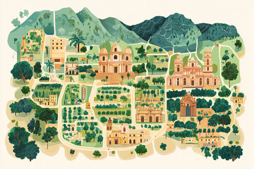 Fototapeta premium Illustrated map of Oaxaca, highlighting its cultural landmarks and cuisine.