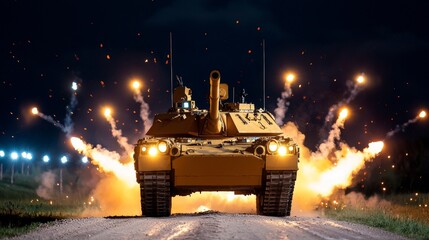 A tank participating in a nighttime military exercise, with searchlights and flares