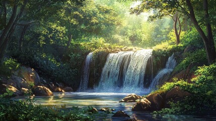 A forest waterfall glistens in the sunlight, its waters dancing over rocks and creating a mesmerizing display.