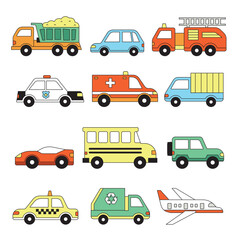 Transportation vehicle drawing doodle children vector set icon symbol busy city flat set collection cars, trucks, firetruck, taxi, ambulance, airplane, dump truck, jeep