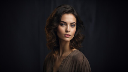 Fototapeta premium Captivating portrait of a 20-year-old American white brunette woman with neat hair and healthy skin, looking confidently at the camera. The young model showcases natural beauty with minimal makeup