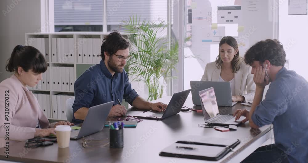 Poster group of business analysts browsing ideas online and testing new systems to prepare for a meeting. s