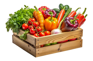 PNG Colorful veggies in a wooden crate, cut out