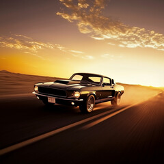 Fototapeta premium A classic car driving along Route at sunset