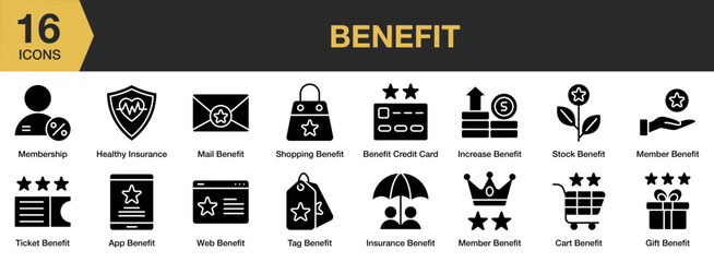 Benefit Glyph icon set. Includes benefit credit card, cart, gift, healthy insurance, and More. Solid icons vector collection.