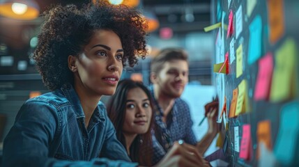 Obraz premium Diverse team brainstorming with sticky notes on a whiteboard, focusing on ideas and solutions.