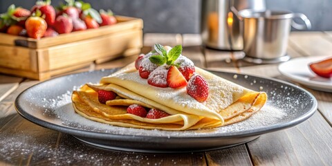 a beautiful delicious crepe with a little caster sugar on the top in a large modern design beautiful elegant plate in a nice modern kitchen
