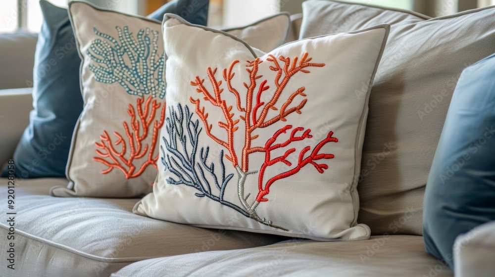 Aufkleber a set of throw pillows with playful multicolored embroidered coral forms on a soft neutral fabric ad