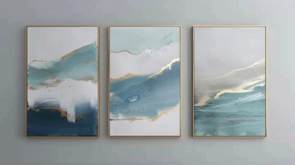 Fototapeta premium Trio of Abstract Oil Paintings with Golden Lines, vibrant colors, intricate textures, minimalist decor, elegant wall art, perfect for modern interiors, enhances any space.