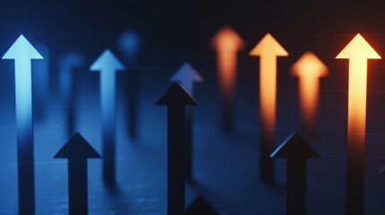 Dynamic abstract backdrop featuring luminous arrows ascending, symbolizing growth and success in business, complemented by a minimalist and clean aesthetic, ideal for professional contexts.
