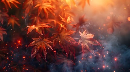Maple leaves surrounded by a fine mist in the morning light.