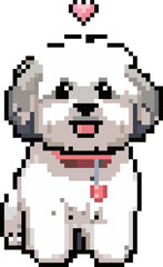 Fototapeta premium Pixel Perfect Puppy Love: An adorable Shih Tzu radiates joy with a pixelated heart floating above its head. Ideal for pet lovers, gamers, and anyone who appreciates retro aesthetics. 