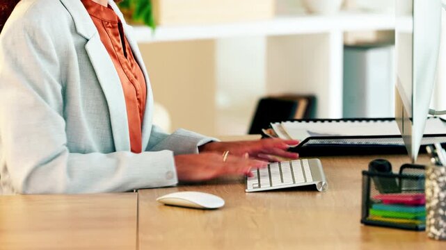 Lawyer hands typing on a computer keyboard, planning defence and closing arguments for a paralegal court case. Closeup of confident or ambitious attorney researching evidence on technology for client