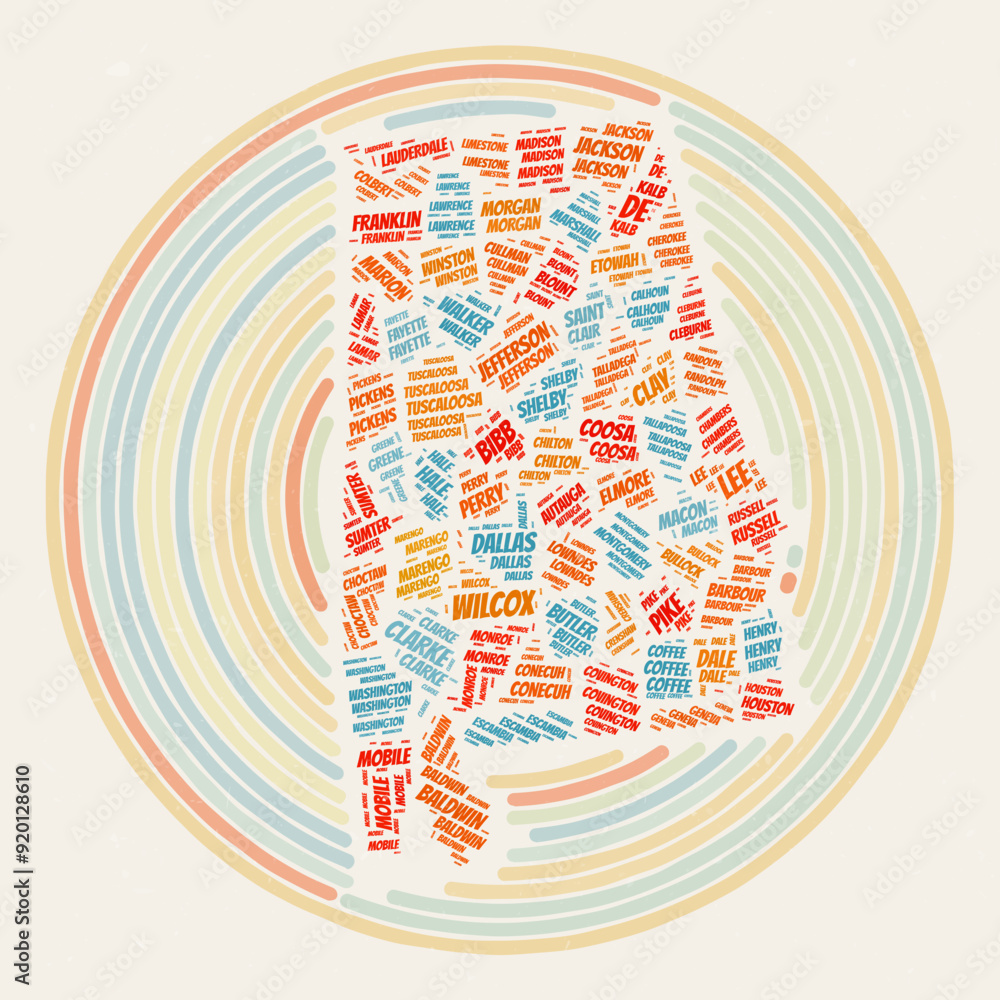 Poster alabama round poster. typography style image of state. counties word clouds of alabama. vintage imag