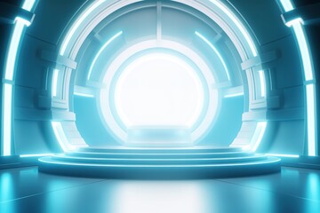 Obraz premium Futuristic blue pedestal stage with neon lights.