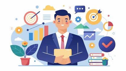 The confident businessman stays informed on industry trends and management strategies, continuously develops his skills, and strives to inspire and lead his team to achieve exceptional results.