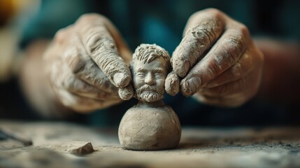 Close-Up of Hands Sculpting a Clay Figurine with Detailed Facial Features in an Artistic Studio Setting