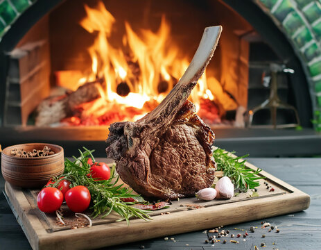 Grilled lamb chops with rosemary and garlic on a wooden board against fireplace in the room in winter