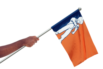 Outstretched Black african Hand holding Orania national flag isolated over transparent background, protest, waving, fist, freedom, Oranian, Afrikaner, South Africa, Afrikaans