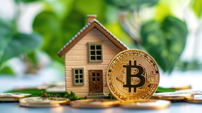 Miniature house with Bitcoin coin representing cryptocurrency investment in real estate with greenery in the background.