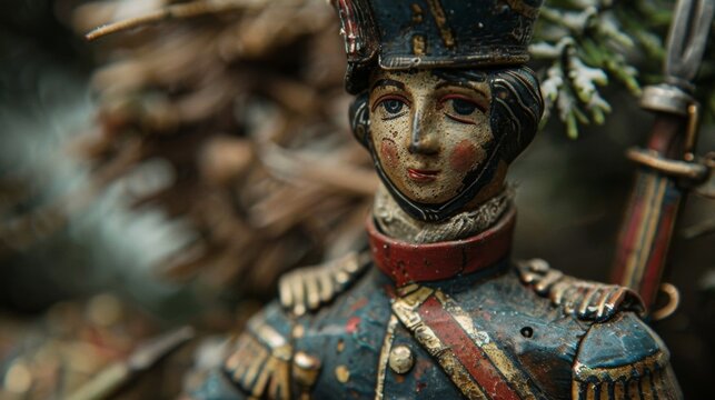 A magnified view of a tin toy soldier revealing the intricate details of its uniform and weapon despite its small size.