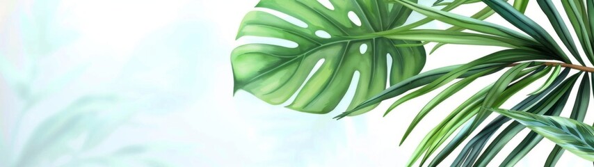 Obraz premium Tropical Botanical Elegance, vibrant palm and monstera leaves create a serene summer atmosphere, ideal for framed prints and wallpaper, enhancing minimalist home decor.