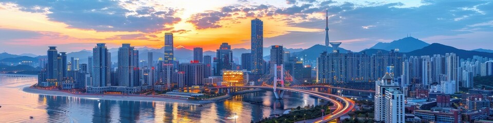 Fototapeta premium Stunning Panoramic View of Modern Coastal Cityscape at Sunset with Skyscrapers, Scenic Waterfront, and Vibrant Reflections on Water