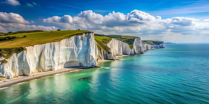 Dramatic white chalk cliffs of Dover rise sharply from the turquoise English Channel, showcasing natural majesty and timeless national significance in serene coastal landscape.