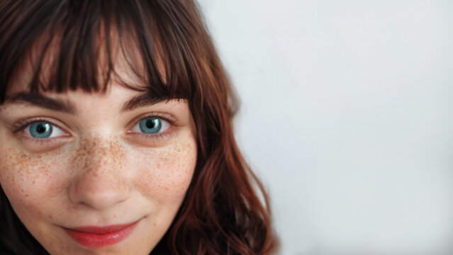Close up portrait of a young smiling teenager with brunette hair and a precocious, playful expression. Freckles and large eyes. Isolated against a light gray backdrop. Copy space.