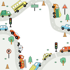 Transportation vehicle drawing doodle children vector busy city flat set collection cars, trucks, firetruck, taxi, ambulance, airplane, dump truck, jeep