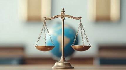 Golden Scales of Justice with a Blurred Globe in the Background Symbolizing Global Law and Justice Concepts