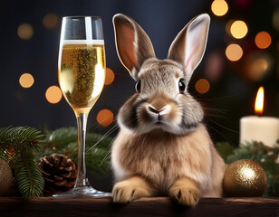 A cute rabbit with champagne and christmas decorations on wooden surface against bokeh lights. Happy New Year concept