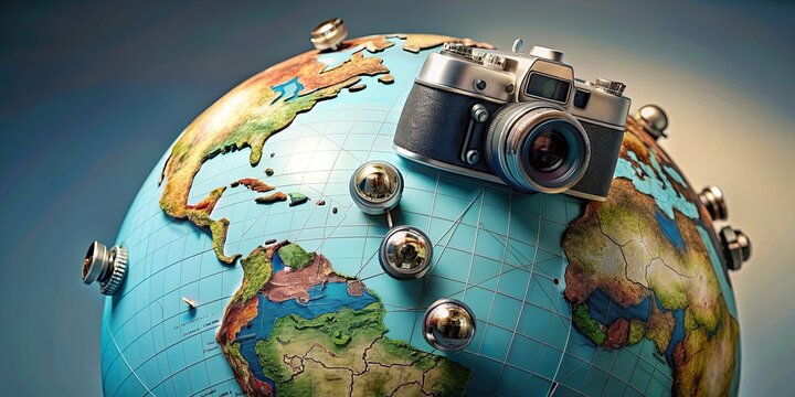 Globe decorated with miniature cameras , globe, cameras, technology, global, photography, surveillance, world, travel